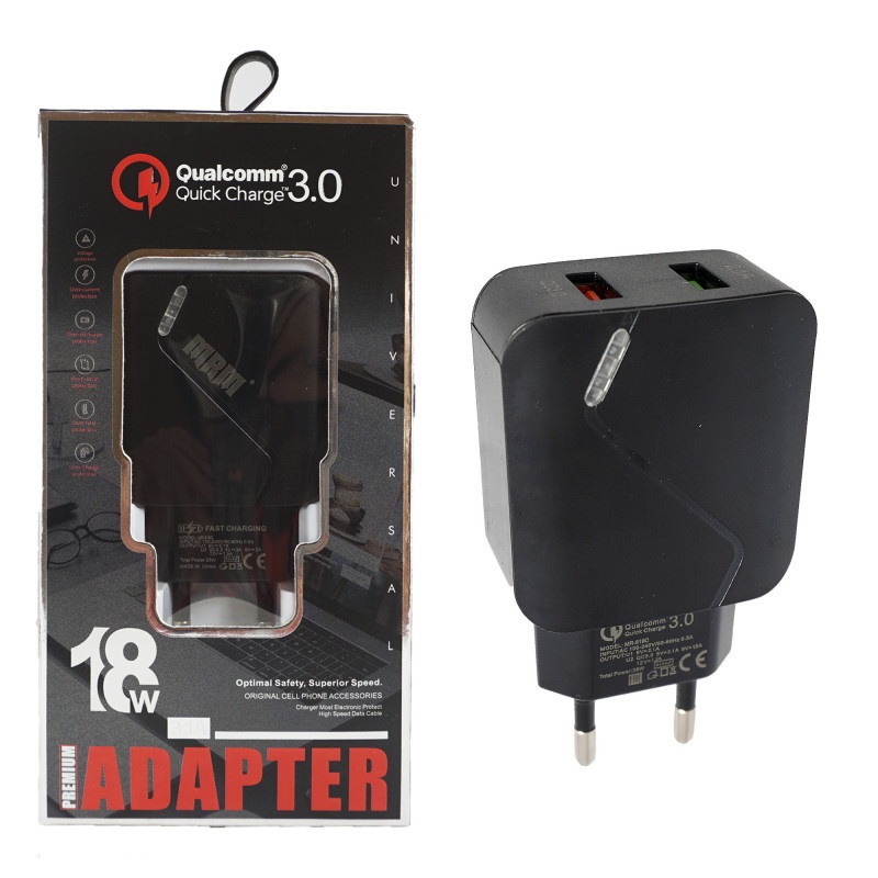 NEW Сетевое зарядное устройство MRM MR819C 5V/3.1A QC3.0 2USB (black) в упаковке